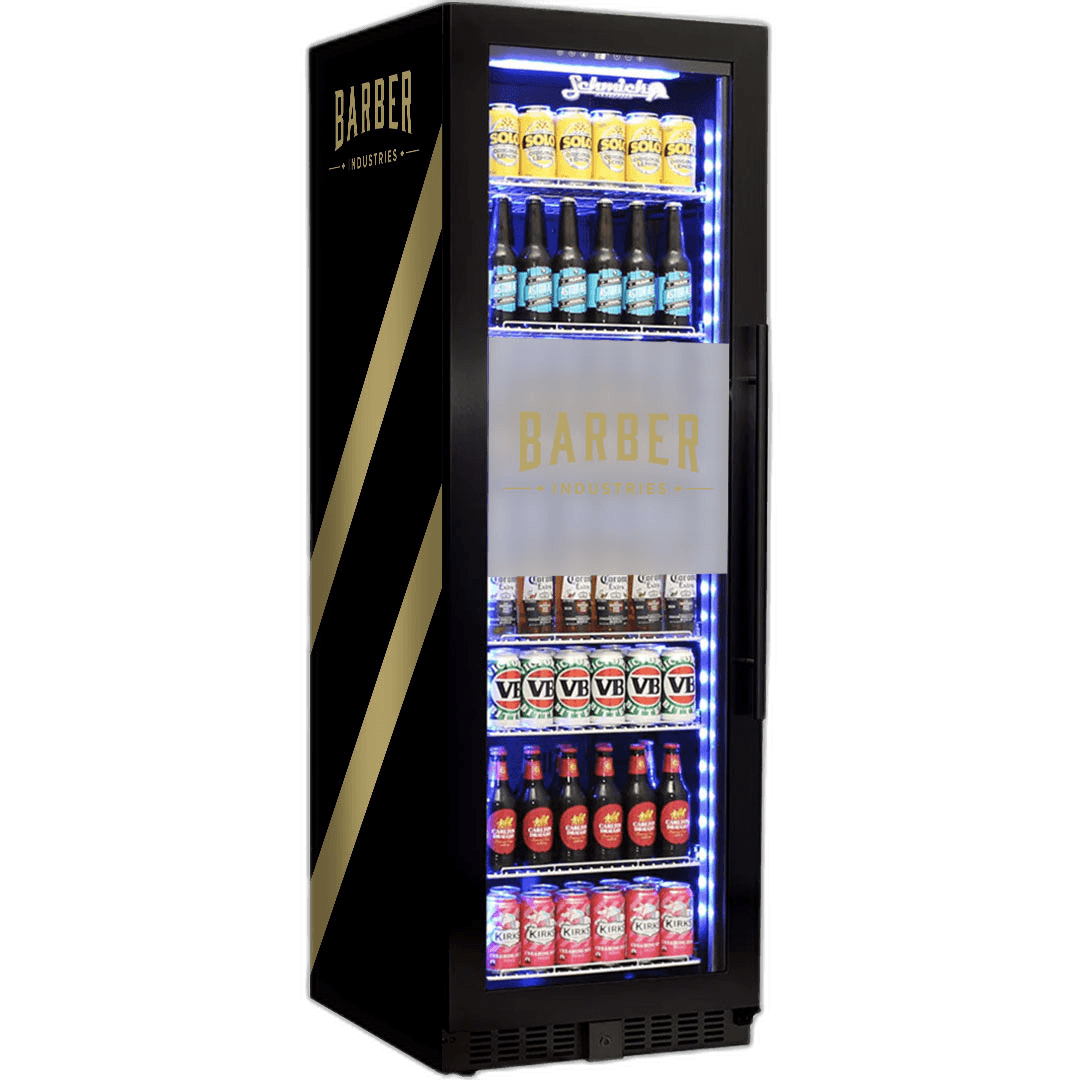 Barber Industries custom branded upright fridge with black-and-gold matte barbershop wrap