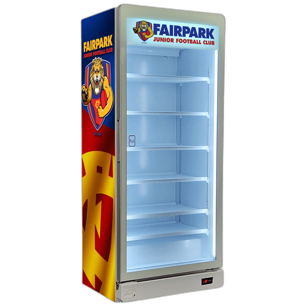 Fairpark Junior Football Club custom branded canteen fridge with club colours and sponsor logos