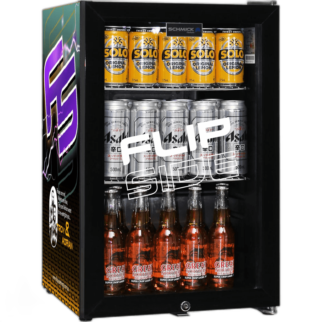 Flipside Energy custom branded bar fridge with purple and gold full-body gloss vinyl wrap