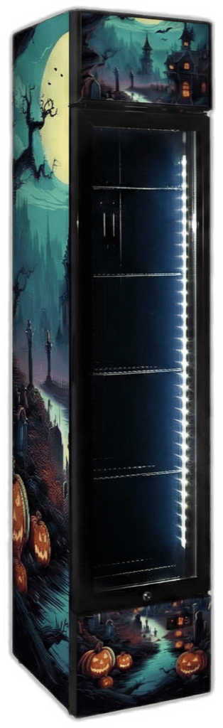 Halloween limited-edition custom branded bar fridge with orange jack-o-lantern vinyl wrap
