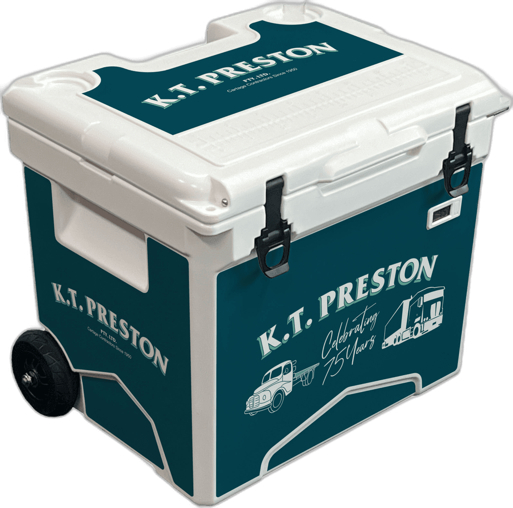 K.T. Preston 75th anniversary custom branded wheeled cooler with vintage truck illustrations