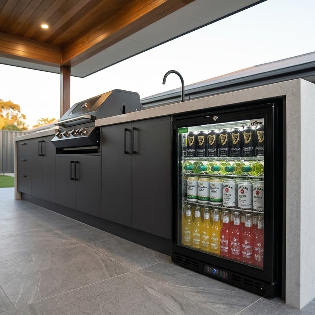 Rhino 129L Under Bench Bar Fridge - SG1R-B-HD styled in alfresco kitchen setting