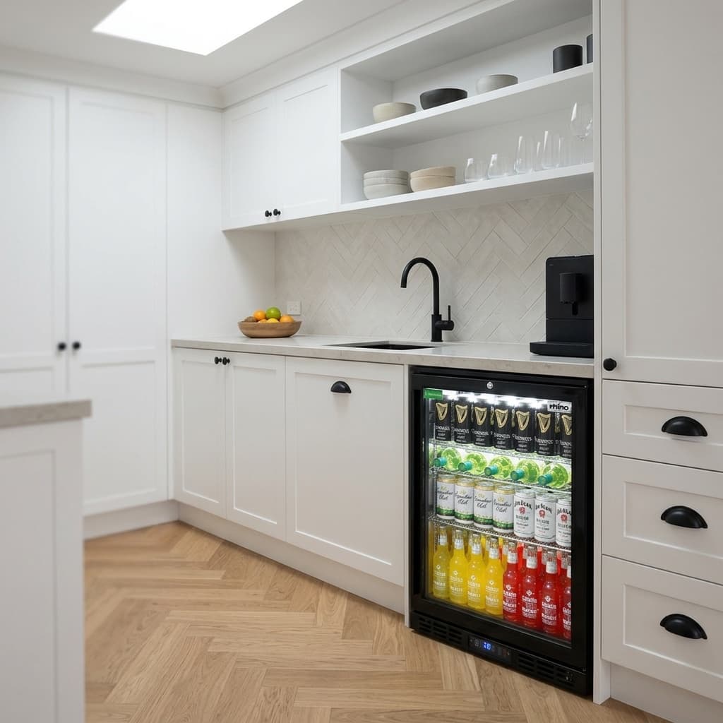 Rhino 129L Under Bench Bar Fridge - SG1L-B-HD styled in butlers pantry setting