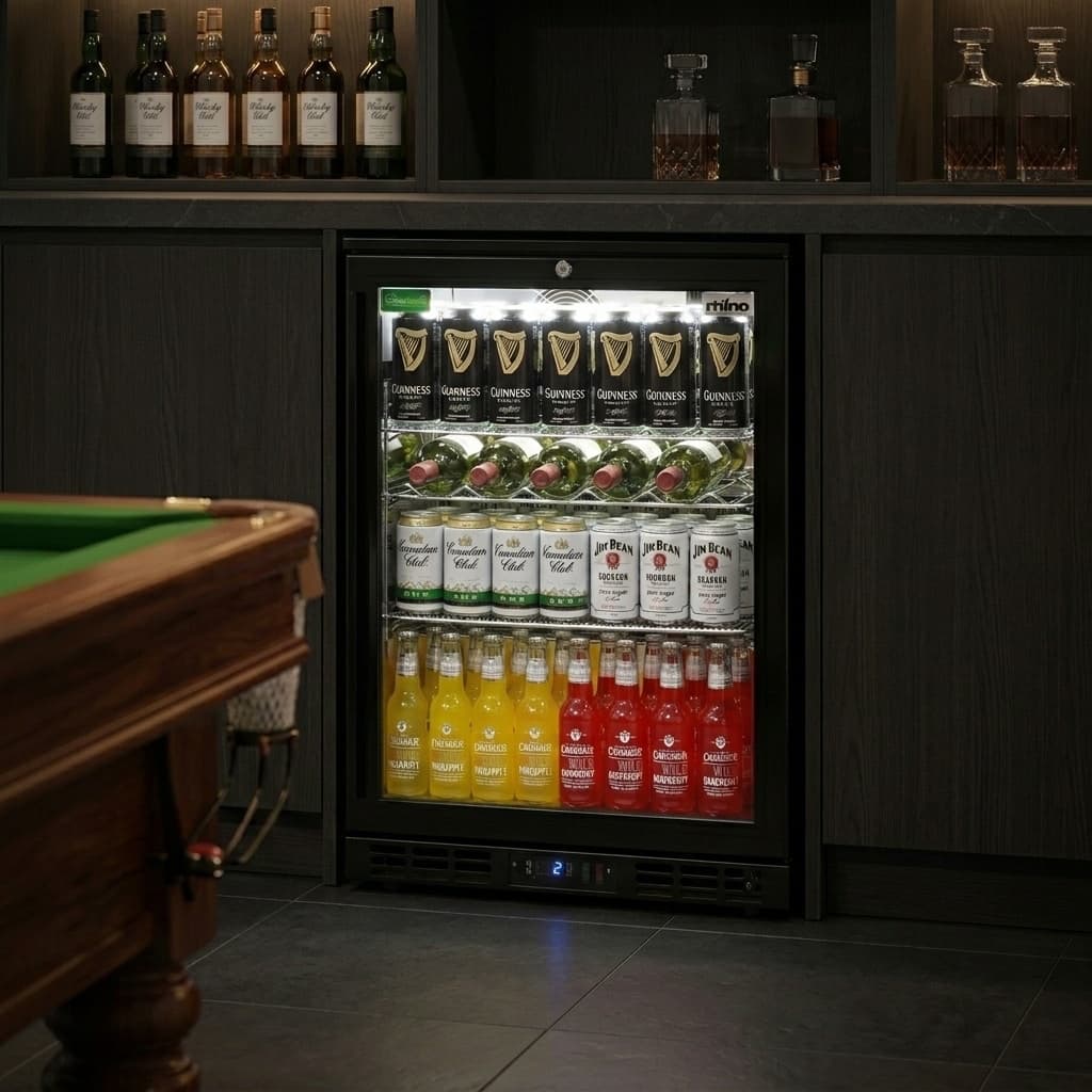 Rhino 129L Under Bench Bar Fridge - SG1L-B-HD styled in games room setting