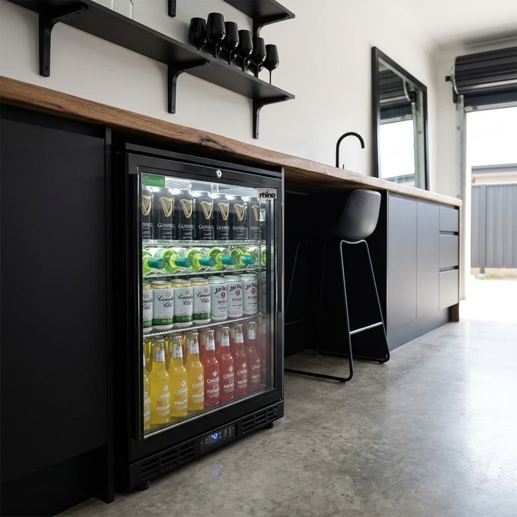 Rhino 129L Under Bench Bar Fridge - SG1L-B-HD styled in garage bar setting