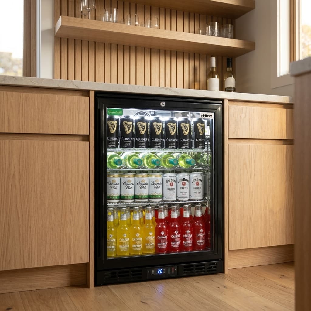 Rhino 129L Under Bench Bar Fridge - SG1L-B-HD styled in home bar setting
