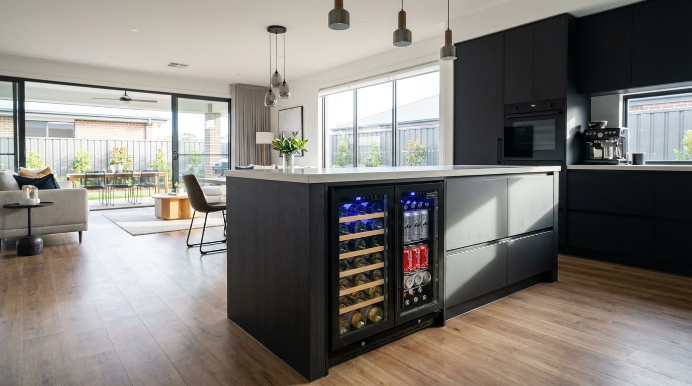 Under Bench Beer And Wine Dual Zone Bar Fridge - Model JC165B styled in modern kitchen setting