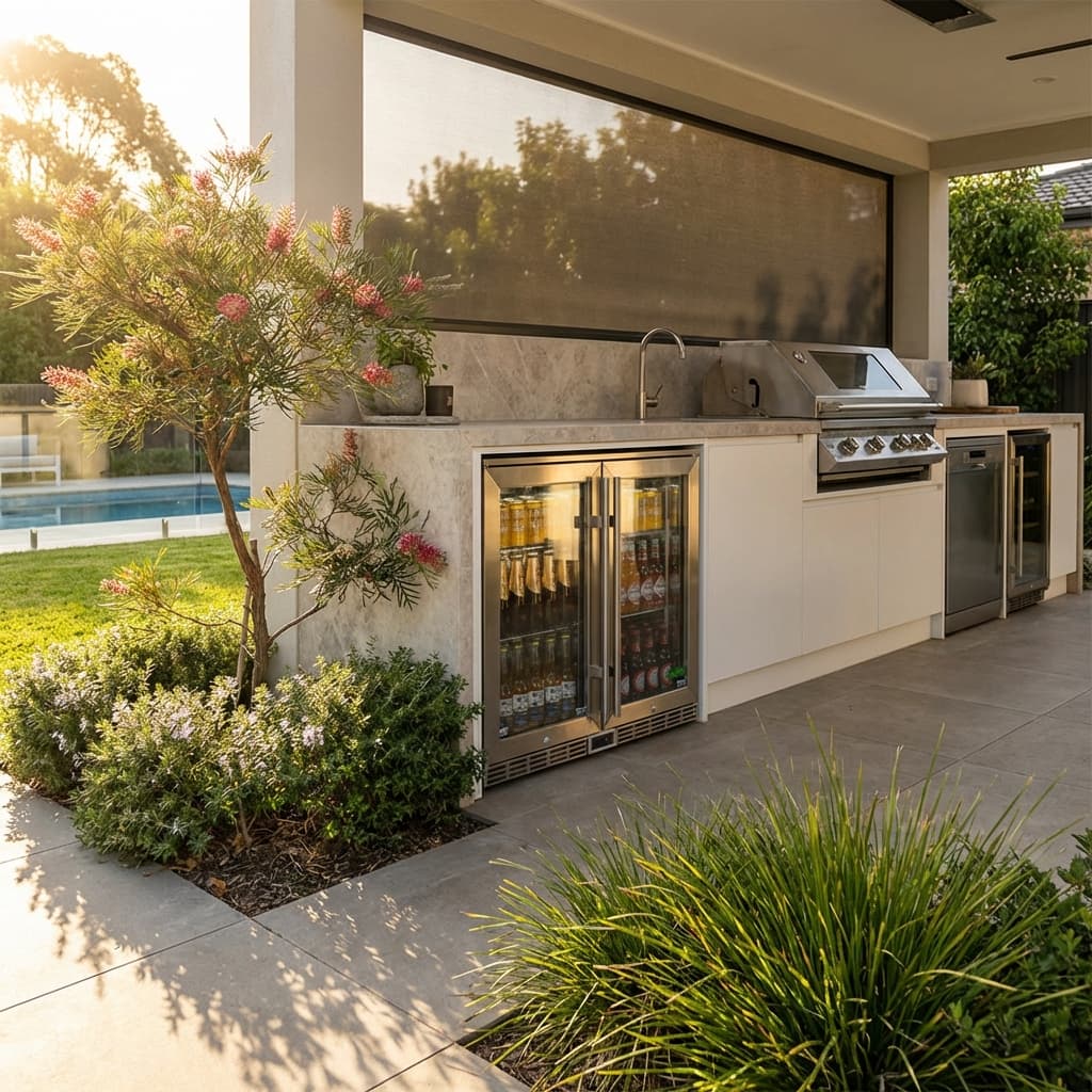 Rhino Glass 2 Door Energy Efficient Alfresco 208L Bar Fridge with LOW E Glass - Model GSP2H-840-SS styled in outdoor entertaining setting